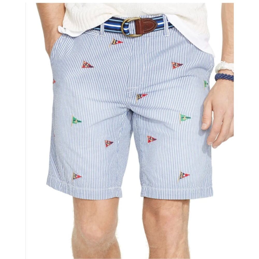 Polo Ralph Lauren Shorts Mens 35x9 Seersucker‎ Flag Embroidered Nautical Resort